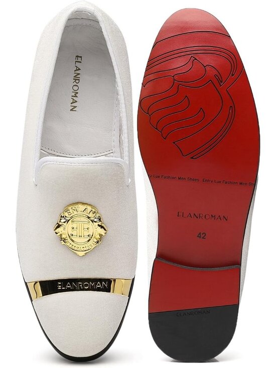 ELANROMAN Men\'s White Velvet Loafers Dress Gold Buckle Wedding Party Prom Shoes main image 6